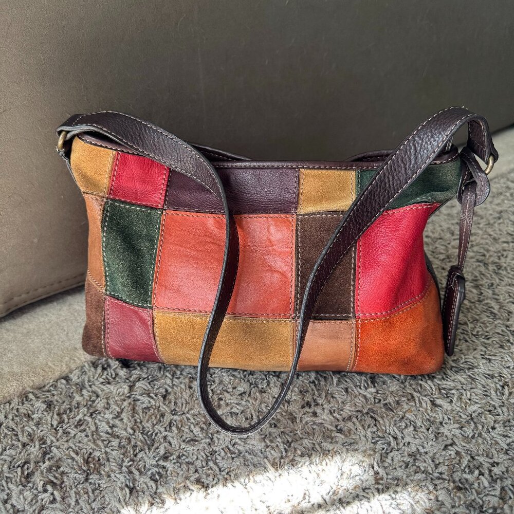 **SOLD** Vintage Boho Fossil Brown Patchwork Leather Suede Patchwork shoulder